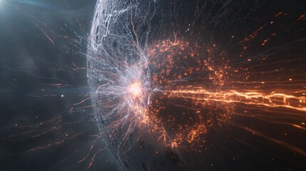 A dramatic cosmic scene depicting energy bursts and explosions around a planet.