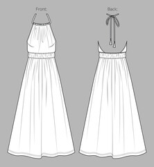Vector flared long dress fashion CAD, woman maxi dress with shoulder straps technical drawing, gathering detail dress flat, template, sketch.Jersey or woven fabric dress, front, back view, white color