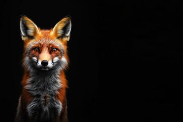 Photo of a fox isolated against a black background, emphasising the fox's majestic features. Wildlife and conservation concept, space for copy.