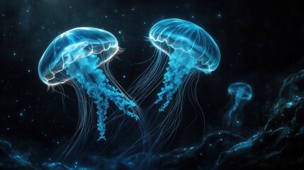 Bioluminescent Jellyfish Glowing in the Dark Ocean with Stars and Bioluminescent Background.