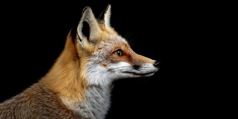 Fototapeta premium Photo of a fox isolated against a black background, emphasising the fox's majestic features. Wildlife and conservation concept, space for copy.