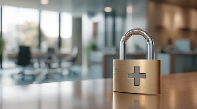 A padlock symbolizes the strong security of healthcare data, emphasizing the need to protect sensitive patient information to maintain trust and confidence in the healthcare systems integrity