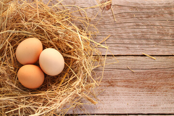 Nest over a wooden table with chicken eggs.Focus on eggs with slight blurred background.