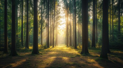 Fototapeta premium Sunbeams Through Tall Trees in a Misty Forest.