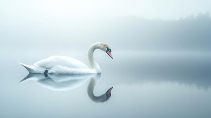 Fototapeta premium A Lone Swan in a Misty Lake
