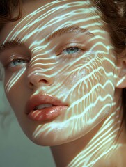 A woman stands with her face partially submerged in water shadows, water shadow reflection. Generative AI