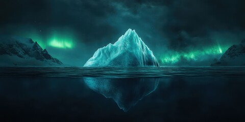 Majestic Iceberg with Northern Lights Reflection in Arctic Ocean at Night.
