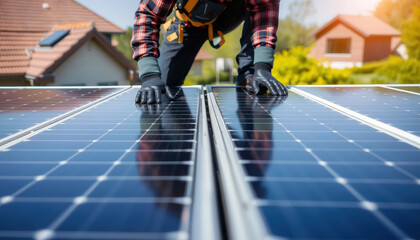 Obraz premium Male Technician in Hard Hat Installing Solar Panels on Residential Rooftop for Renewable Energy Solutions in a Sustainable Environment