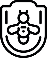 Simple black and white vector icon representing a shield with a bee, symbolizing the protection of honey production