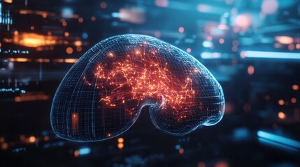 Abstract 3D Wireframe Brain with Glowing Neural Connections - Artificial Intelligence, Technology, and Digital Concepts.