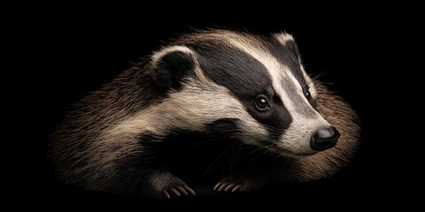 Photo of a badger isolated against a black background, emphasising the badger's majestic features. Wildlife and conservation concept, space for copy.