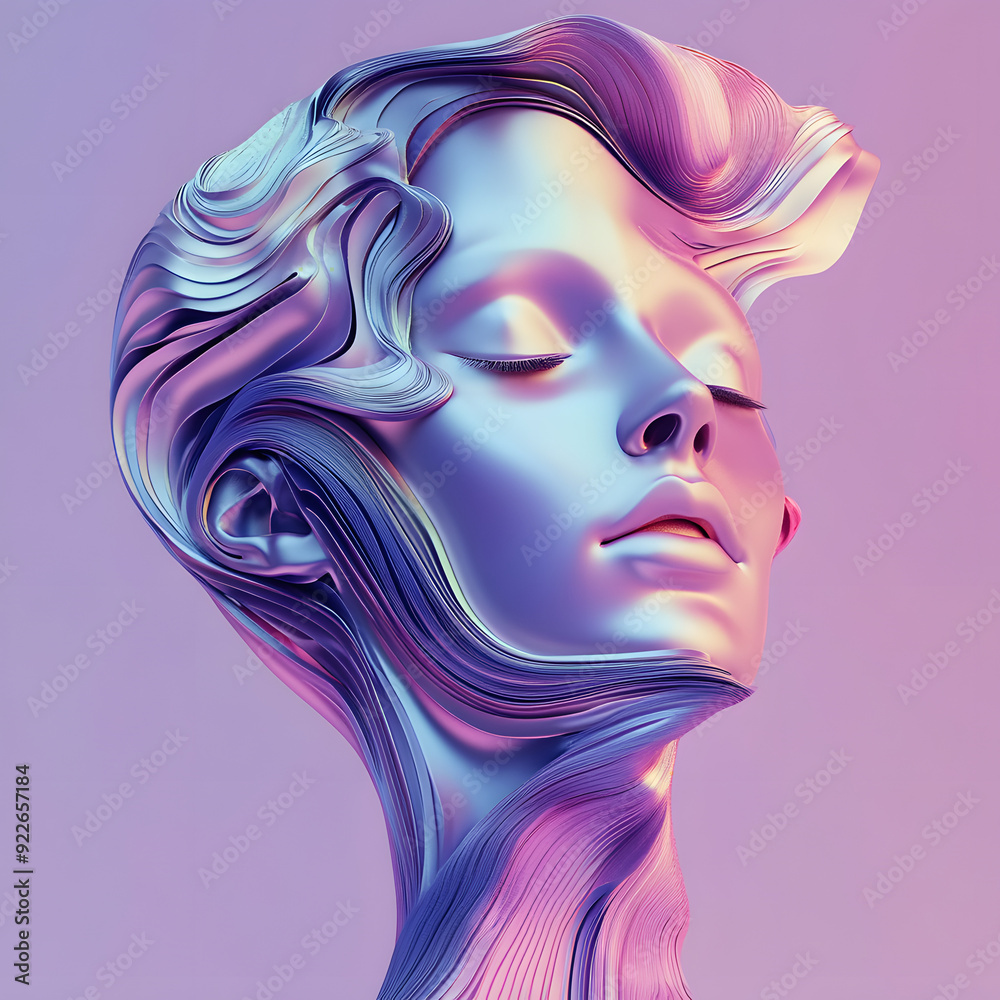 Wall mural woman head 3d abstract style pink blue purple tone