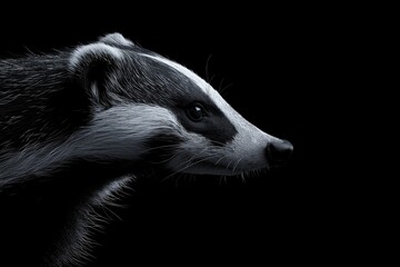 Photo of a badger isolated against a black background, emphasising the badger's majestic features. Wildlife and conservation concept, space for copy.