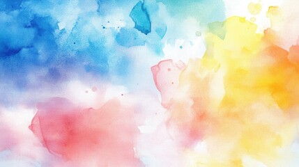 A colorful abstract watercolor painting with splashes of blue, pink, and yellow hues creating a vibrant and dynamic atmosphere.