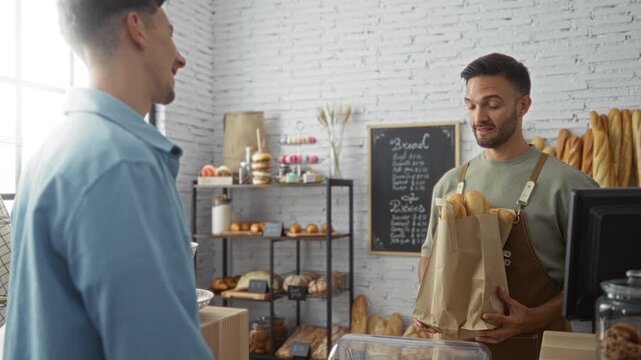 Male baker handing a paper bag filled with bread to a male customer in a cozy indoor bakery with shelves of pastries and bread loaves