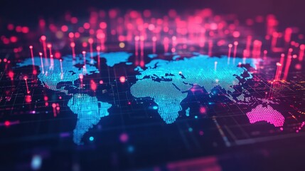 Digital World Map with Glowing Lights and Data Connections, Abstract Technology Background.