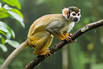 Obraz premium An image showcasing a squirrel monkey leaping between branches with agility, demonstrating its active and social behavior in the rainfores