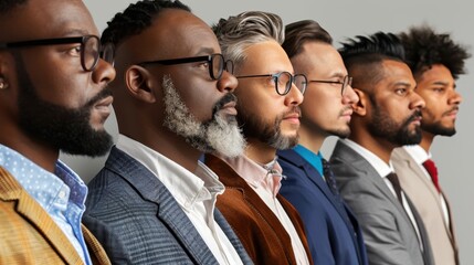 Six men stand side by side, showcasing individual styles through suits and personal grooming