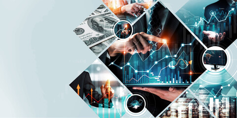 Futuristic business digital financial data technology concept for future big data analytic and business intelligence research for businessman analyst invest decisions making panoramic banner kudos
