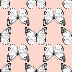 Fototapeta premium Seamless pattern of realistic butterfly. Hand drawn illustration. Black and white. Animal motif. Painted butterflies elements on pink background. For fabric, wrapping paper, textile, design, banner