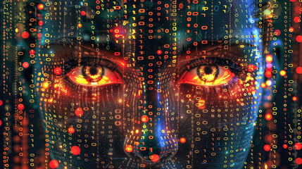 A woman's face is made up of a series of numbers. The face is illuminated with bright colors.