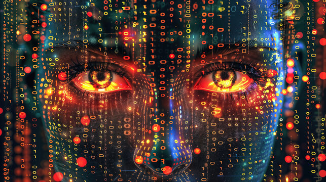 A woman's face is made up of a series of numbers. The face is illuminated with bright colors.