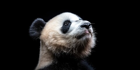 Photo of a panda isolated against a black background, emphasising the panda's majestic features. Wildlife and conservation concept, space for copy.