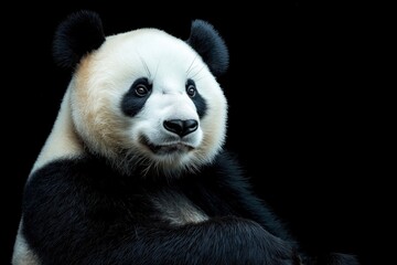 Photo of a panda isolated against a black background, emphasising the panda's majestic features. Wildlife and conservation concept, space for copy.