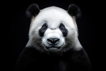 Fototapeta premium Photo of a panda isolated against a black background, emphasising the panda's majestic features. Wildlife and conservation concept, space for copy.