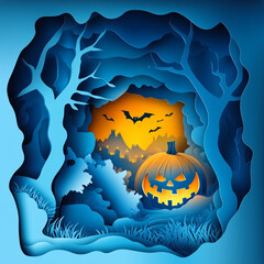 Blue paper cut halloween background with a pumpkin and bats 