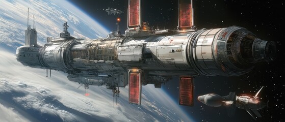Futuristic Spaceship Orbiting Earth with Starry Background - Digital Art