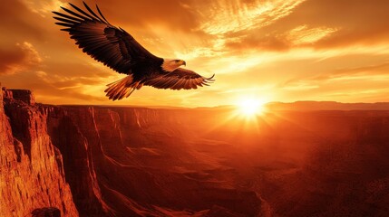 Obraz premium Bald Eagle Soaring Above Canyon at Sunset.