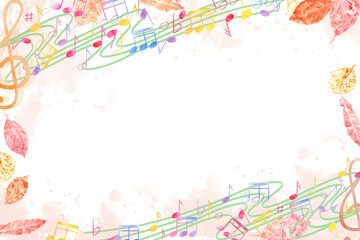 Autumn horizontal frame. Musical notes and orange yellow leaves on backdrop. Wavy music staff. International Music Day. Watercolor illustration. Copy space for text. For greeting, invitation