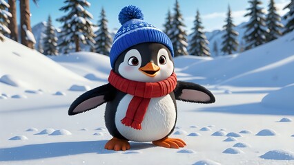 Fototapeta premium Cute cartoon penguin wearing a blue hat and red scarf standing in the snow.