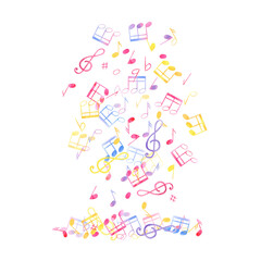 Music notes levitation. Falling multicolored note symbols. Cute atmosphere of music rain. Dense composition. Perfect for musical projects, advertising. Watercolor illustration for poster, stationery