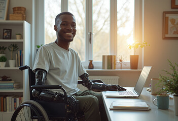 A man in a wheelchair with prosthetic arms works on a laptop computer at a table