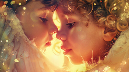 Obraz premium Close-up of a child and an angel whispering together, surrounded by a soft, glowing aura