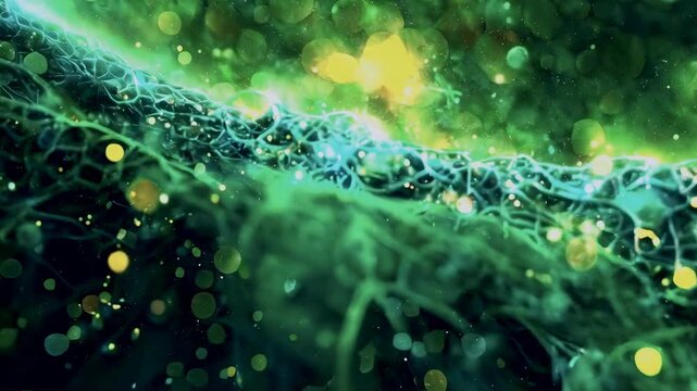 This close-up image captures an abstract scene of green and yellow bubbles within a liquid solution, creating an ethereal, otherworldly effect. The light reflections add a magical glow, highlighting