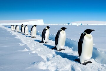 Obraz premium An image of a colony of penguins gathered on icy shores, their inquisitive stares and huddling behavior exemplifying their social and adaptive nature in Antarctic