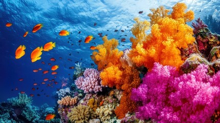 Vibrant Underwater Coral Reef with Colorful Fish and Soft Corals.