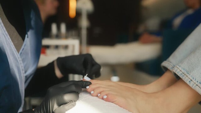 Barefoot client at pedicure procedure in luxury beauty spa salon
