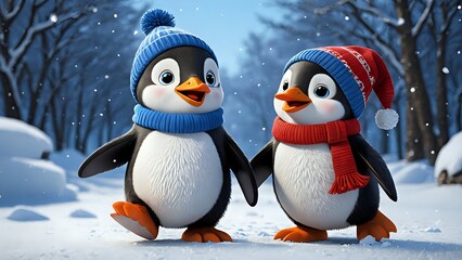 Fototapeta premium Two cute penguins wearing winter hats and scarves walking in the snow.