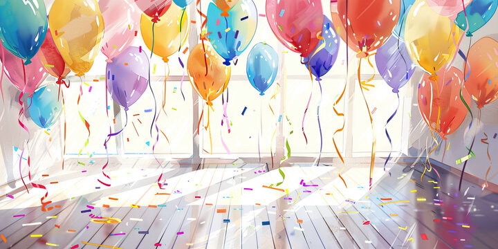 A room filled with party streamers and colorful balloons.