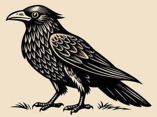 Corbeau Corbeau Corvus Oiseau Vintage Gravé sur bois
