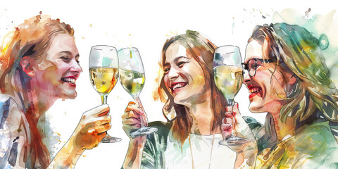 Friends toasting with sparkling wine and laughing. Watercolor illustration.
