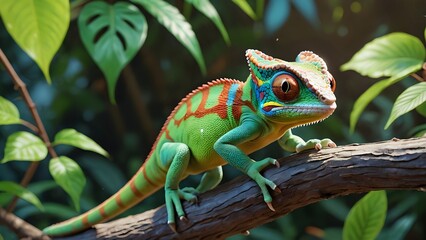 A colorful chameleon perched on a branch in a lush green forest.