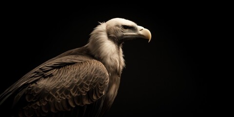 Photo of a vulture isolated against a black background, emphasising the vulture's majestic features. Wildlife and conservation concept, space for copy.