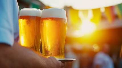 waiter carrying a tray of beer steins at Oktoberfest 