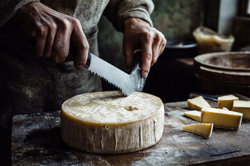 Close-up of a cheesemaker cutting a wheel of cheese with a large knife in a rustic dairy setting.
