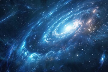 Glowing spiral galaxy with bright center and blue glowing dust in deep space